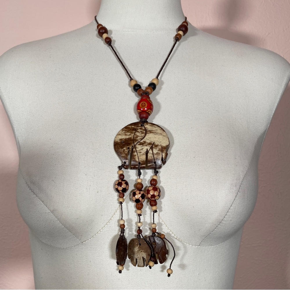 Vintage WOOD African Elephant Summer Boho Festival Maximalist Oversized Necklace - Picture 10 of 10